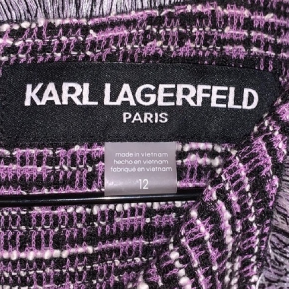 Karl Lagerfeld Paris Tweed Purple Black White Split Neck Sleeveless Shift Dress - Picture 4 of 8